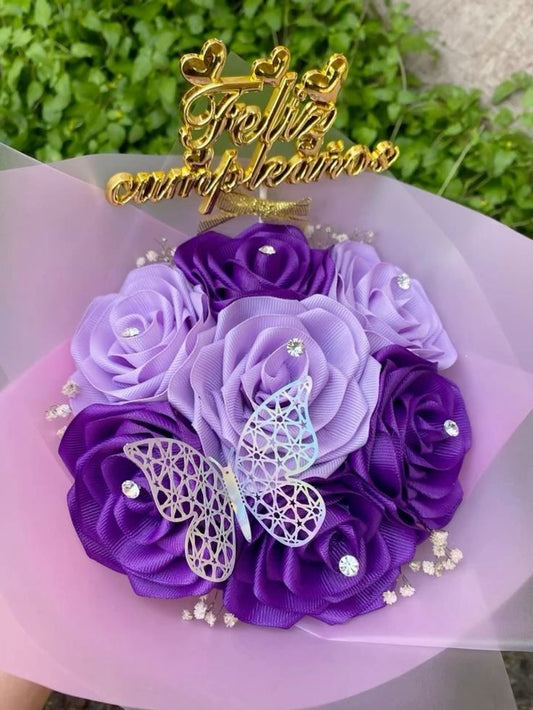 💜🎀 Purple Ribbon Flower Bouquet 🎀💜