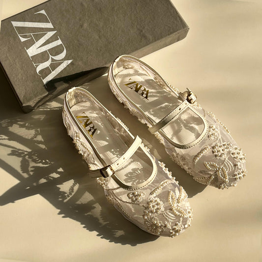 ZARA Net Pearl Embroidered Flat Shoes