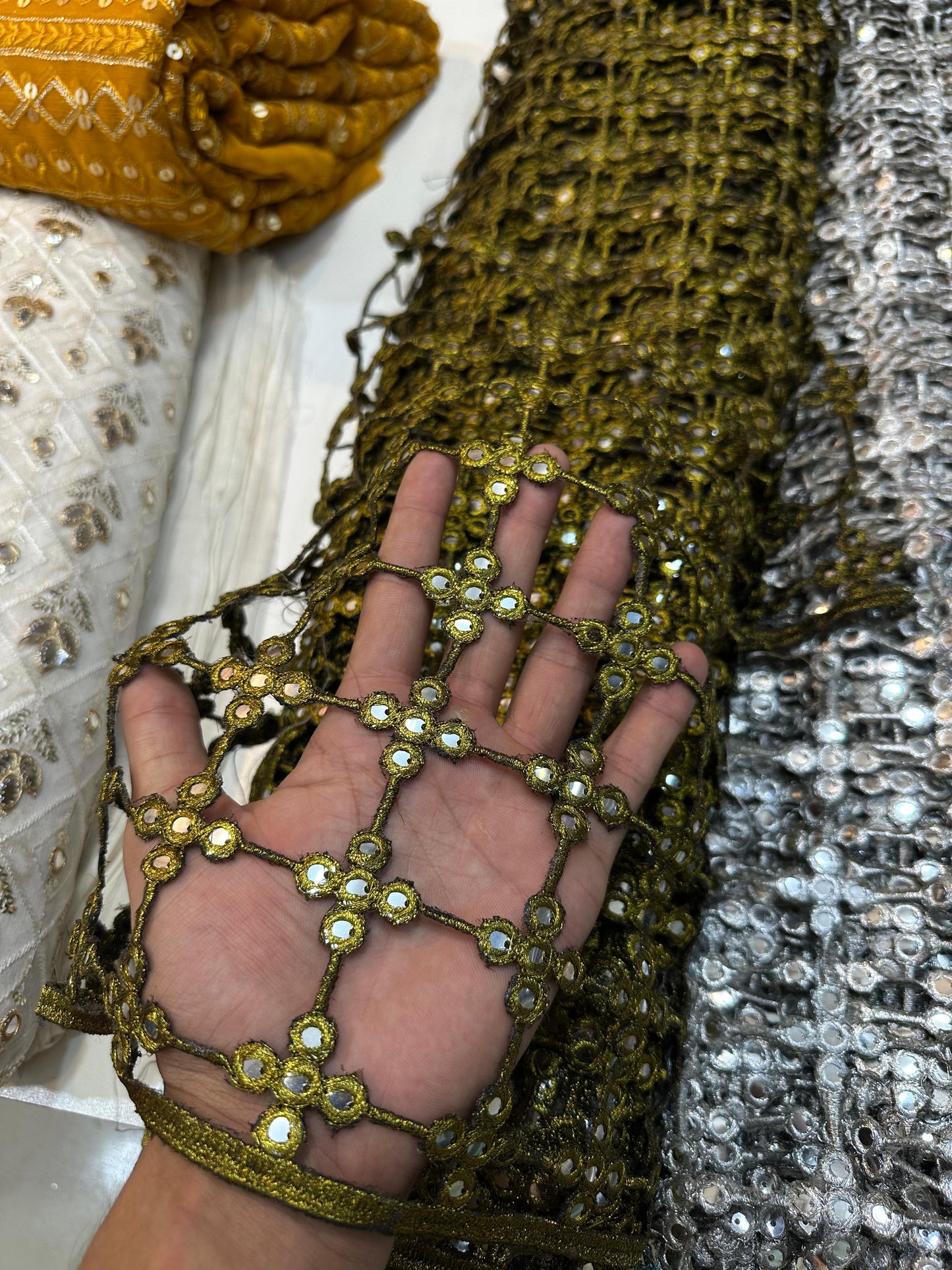 Golden Mirror Work Net Dupatta