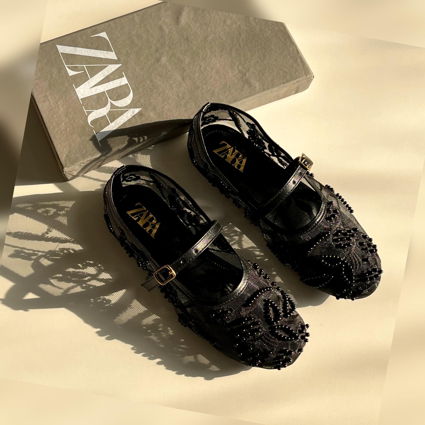 ZARA Net Pearl Embroidered Flat Shoes