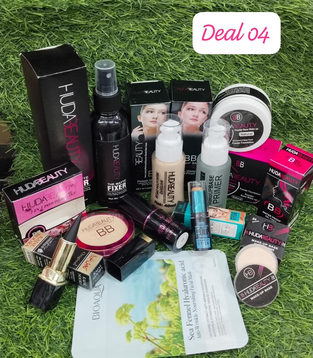 “Huda Beauty Premium Makeup Set including foundation, primer, powder, lipsticks, eyeliner, mascara and sheet mask”