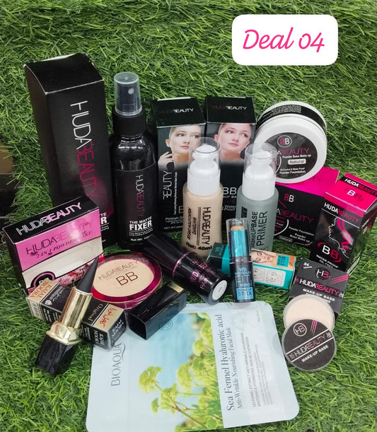 “Huda Beauty Premium Makeup Set including foundation, primer, powder, lipsticks, eyeliner, mascara and sheet mask”