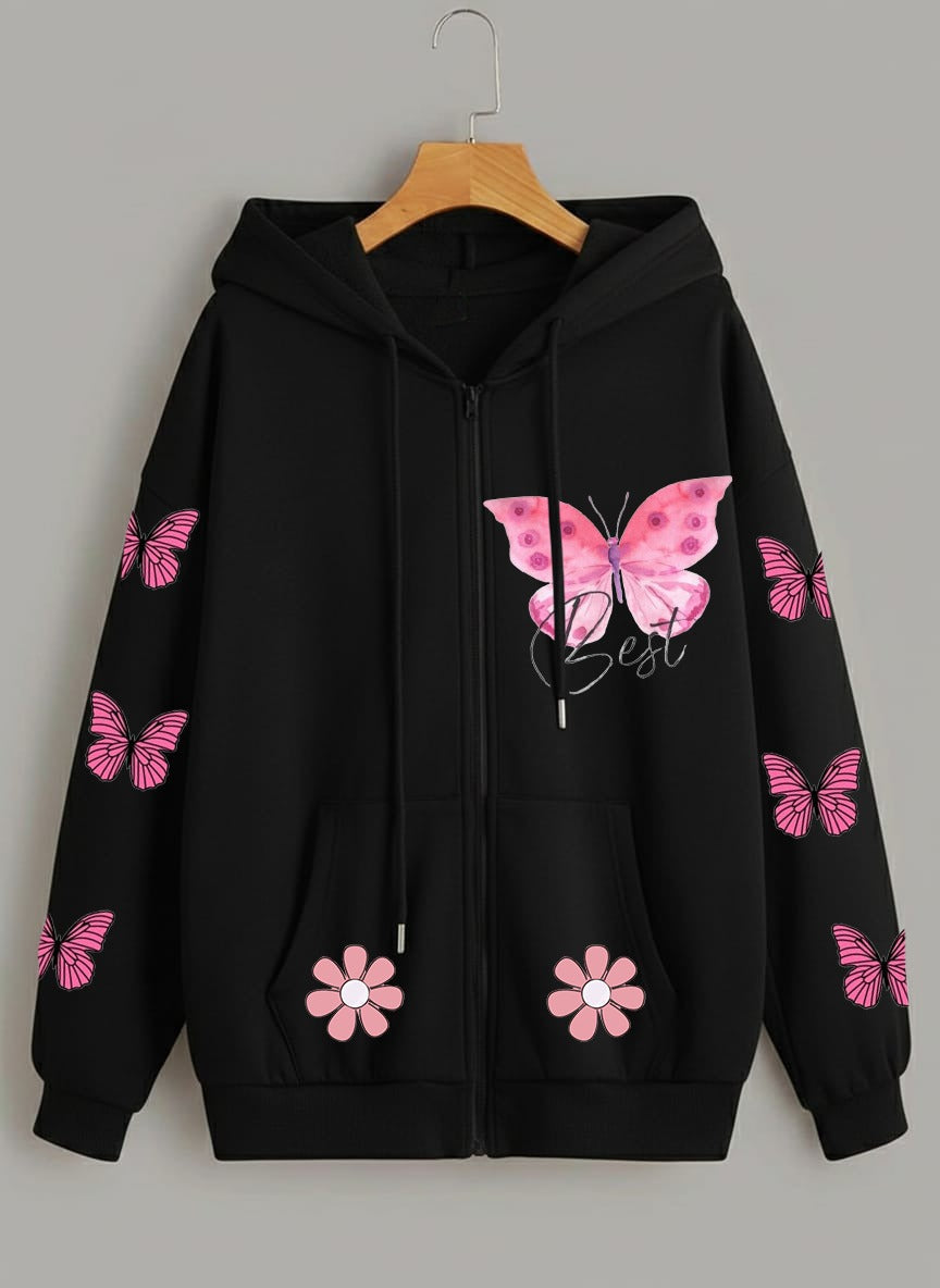 Butterfly Printed Zip Hoodie – Girls & Women