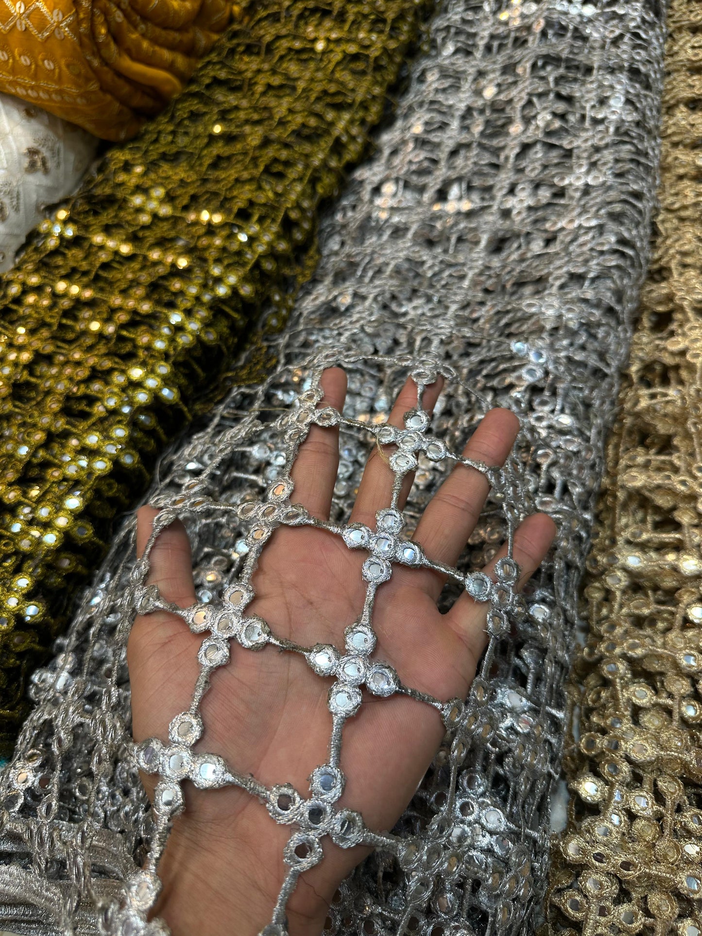 Golden Mirror Work Net Dupatta