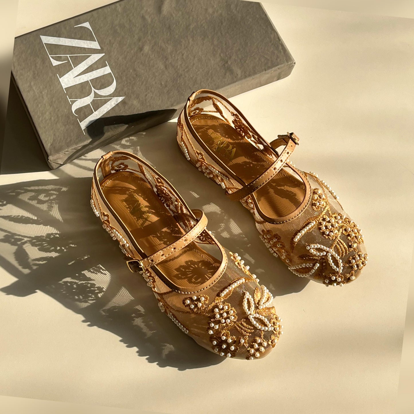 ZARA Net Pearl Embroidered Flat Shoes