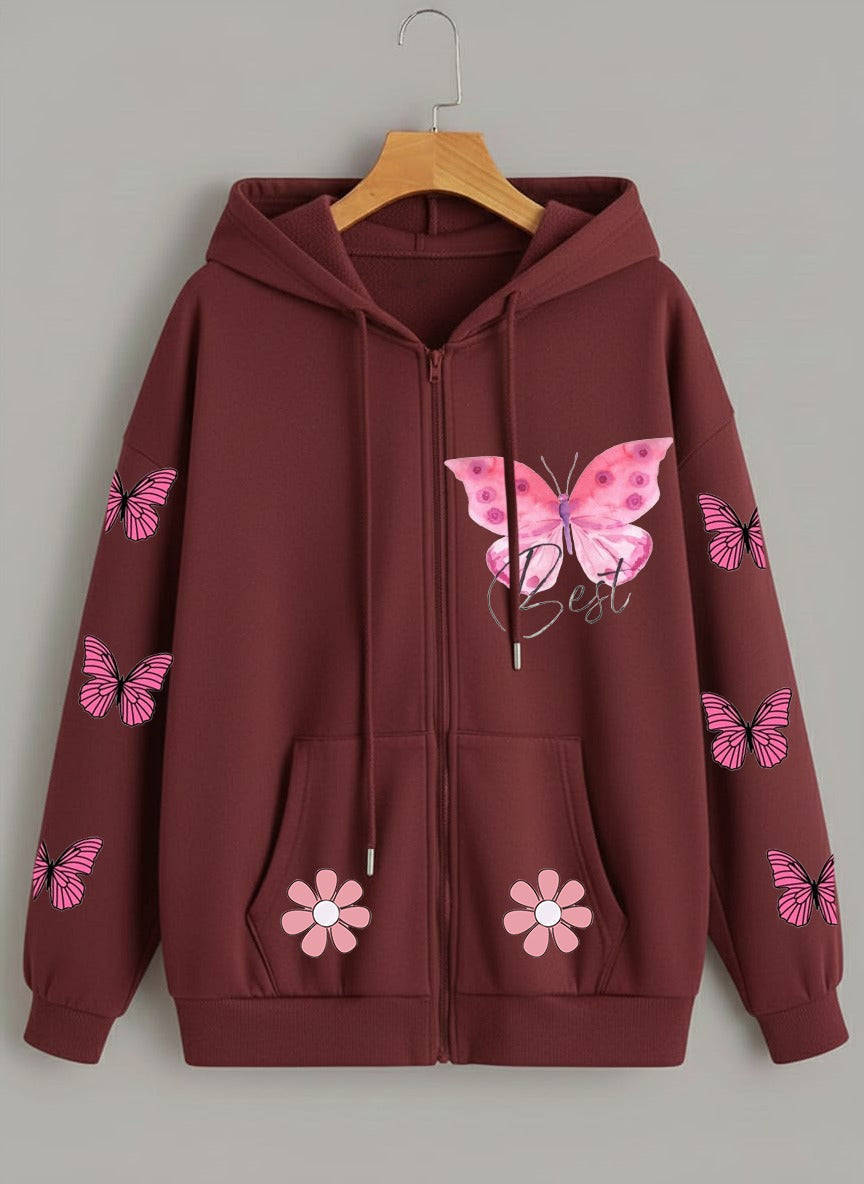 Butterfly Printed Zip Hoodie – Girls & Women